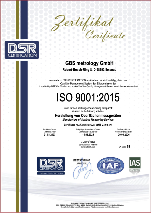 Urkunde von GBS metrology über die ISO9001:2015